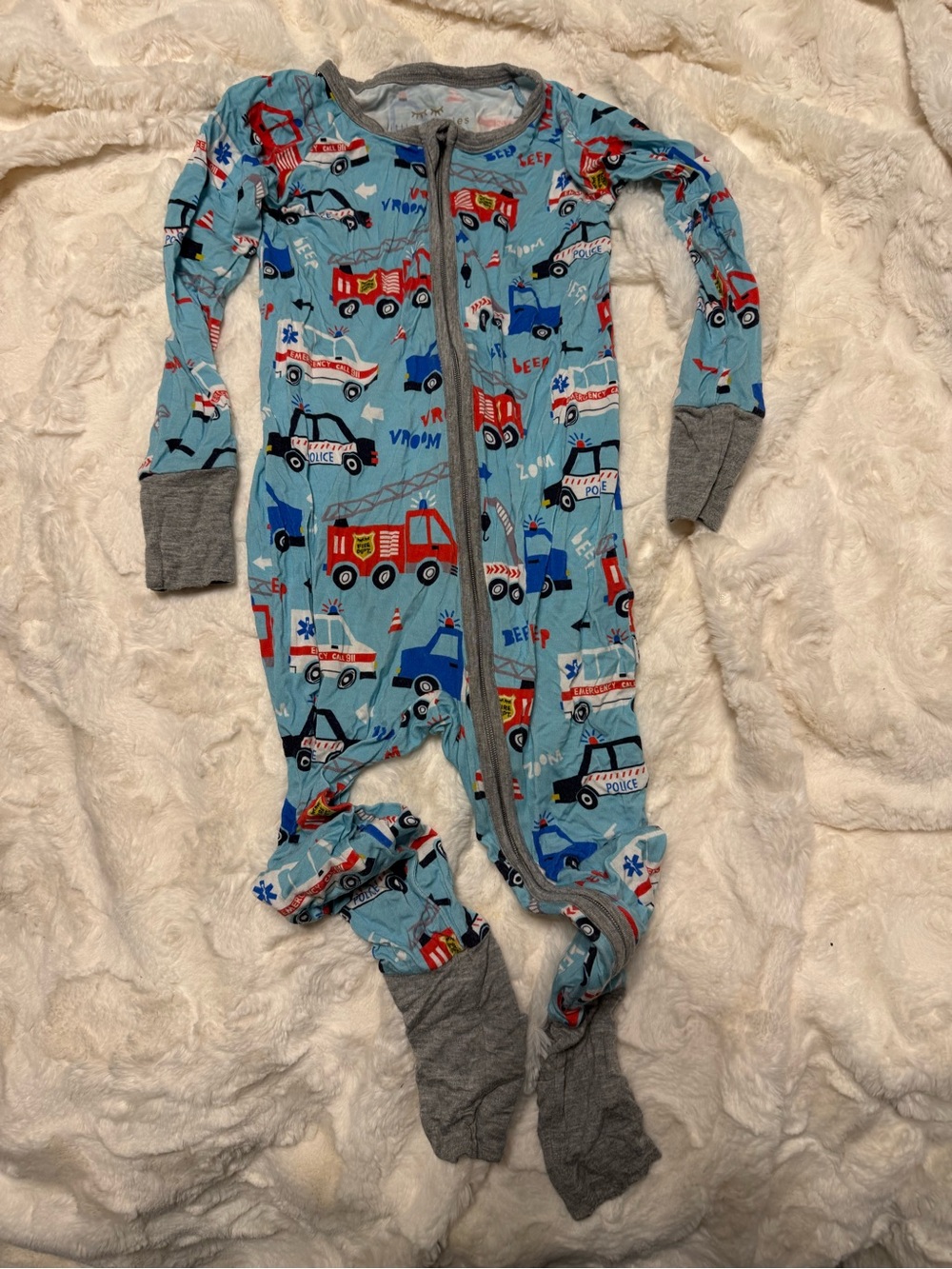 Little Sleepies Light Blue Emergency Vehicle Footed Pajamas with Gray Cuffs